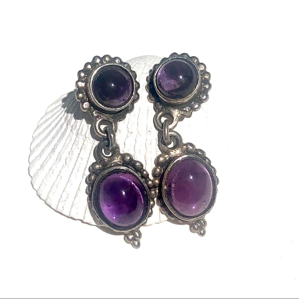 Sterling Silver Amethyst 2 Stone Drop Earrings - Picture 2 of 5